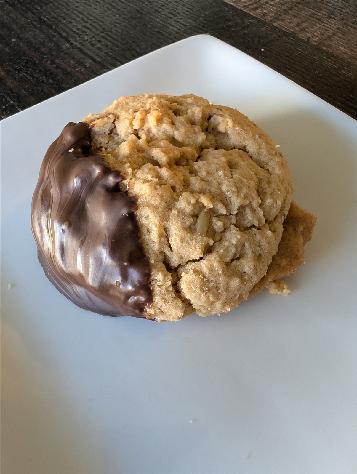 Peanut butter oatmeal cookies finished with dark chocolate